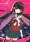  1girl absurdres black_skirt blunt_bangs borrowed_clothes brown_hair danganronpa_(series) danganronpa_v3:_killing_harmony edmundnfk frown hair_ornament hair_scrunchie hairclip harukawa_maki highres long_hair long_sleeves looking_at_viewer low_twintails mole mole_under_eye outline pink_background plaid plaid_skirt pleated_skirt red_eyes red_scrunchie red_shirt sailor_collar school_uniform scrunchie shirt skirt solo space_print starry_sky_print twintails white_outline 
