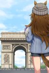  1girl animal_ears arc_de_triomphe barefoot beanie bouquet brown_hair ears_through_headwear from_behind hat highres holding holding_bouquet horse_ears horse_girl horse_tail jacket long_hair nakayama_festa_(umamusume) paris real_world_location shorts solo tail takahashi_umori umamusume 