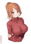  1girl aquila_(kancolle) blush breasts brown_eyes closed_mouth ebifurya high_ponytail highres kantai_collection large_breasts long_hair long_sleeves looking_at_viewer one-hour_drawing_challenge orange_hair red_sweater ribbed_sweater simple_background smile solo sweater twitter_username upper_body wavy_hair white_background 