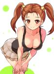  1girl black_tank_top blush breasts brown_eyes brown_hair cleavage closed_mouth collarbone commission contemporary cougar_(cougar1404) dragon_quest dragon_quest_viii earrings hair_ornament hand_on_own_knee jessica_albert jewelry large_breasts leaning_forward light_blush long_hair looking_at_viewer skeb_commission skirt smile solo standing tank_top twintails 