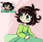  1girl black_hair blanket buttercup_(ppg) buttercup_redraw_challenge_(meme) commentary derivative_work green_eyes green_pajamas medium_hair meme pajamas powerpuff_girls quarium reference_inset screencap_redraw smile solo 