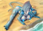  anthro argo_(kalivero) beach blue_body blue_eyes breasts butt claws female kalivero looking_at_viewer nipple_piercing nipples nude piercing reptile scalie seaside snake solo tail toe_claws 
