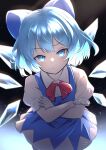  absurdres blue_bow blue_dress blue_eyes blue_hair bow cirno collared_shirt cowboy_shot crossed_arms dark_background dress hair_bow highres ice ice_wings looking_at_viewer neck_ribbon pinafore_dress puffy_short_sleeves puffy_sleeves raised_eyebrow red_ribbon ribbon rinkaito1231 shirt short_sleeves sleeveless sleeveless_dress touhou white_shirt wings 
