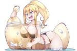  1girl arched_back artist_name ass bandaid bare_shoulders bikini black_bikini blonde_hair blue_eyes blush braid breast_press breasts cleavage cowboy_shot cowgirl_position curvy darkness_(konosuba) drooling english_text floating floating_object food fruit hair_between_eyes hair_ornament hot_vr inflatable_toy kono_subarashii_sekai_ni_shukufuku_wo! large_breasts long_hair naughty_face o-ring open_mouth patreon_username pixiv_username riding see-through simple_background smile solo spread_legs squeezing straddling swimsuit thick_thighs thighs transparent water wet white_background 