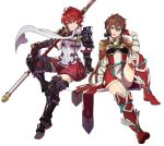  2girls :d absurdres arm_guards armor armored_boots boots brown_eyes brown_hair clip_studio_paint_(medium) closed_mouth commission cosplay costume_switch dress ebinku fire_emblem fire_emblem_fates full_body gloves highres hinoka_(fire_emblem) hinoka_(fire_emblem)_(cosplay) holding holding_polearm holding_weapon invisible_chair japanese_clothes looking_at_viewer lora_(xenoblade) lora_(xenoblade)_(cosplay) multiple_girls naginata polearm red_eyes red_footwear red_gloves red_hair red_skirt short_hair shoulder_armor simple_background sitting skirt smile weapon white_background xenoblade_chronicles_(series) xenoblade_chronicles_2 xenoblade_chronicles_2:_torna_-_the_golden_country 
