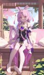  1girl aoi_(buzhuen444) bare_shoulders bow-shaped_hair detached_sleeves dress earrings forehead_jewel fu_xuan_(honkai:_star_rail) hair_ornament hair_stick honkai:_star_rail honkai_(series) jewelry long_hair looking_at_viewer low_twintails pantyhose parted_bangs pink_hair pink_tassel sitting solo tassel tassel_earrings twintails white_pantyhose yellow_eyes 
