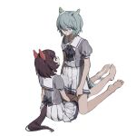  2girls animal_ears barefoot blue_eyes blush brown_hair brown_tail green_hair green_tail grey_shirt hair_ornament hairband highres looking_at_another multiple_girls original pleated_skirt py_(cococecece) red_hairband sailor_collar shirt short_hair short_sleeves sitting skirt sweat tail white_sailor_collar white_skirt x_hair_ornament 