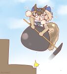  1girl animal_ears blue_sky brown_hair chipmunk_ears chipmunk_girl chipmunk_tail coroha elbow_gloves extra_ears getting_over_it gloves kemono_friends kemono_friends_v_project microphone parody ribbon shirt short_hair siberian_chipmunk_(kemono_friends) simple_background sky solo sweat tail vest virtual_youtuber 