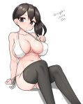  1girl absurdres bikini black_hair black_thighhighs breasts brown_eyes collarbone dated feet_out_of_frame highres kaga_(kancolle) kantai_collection large_breasts long_hair looking_at_viewer maru_(marg0613) navel one-hour_drawing_challenge side-tie_bikini_bottom side_ponytail simple_background solo swimsuit thighhighs twitter_username white_background white_bikini 