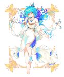  1girl :/ barefoot belt blue_butterfly blue_hair blue_wings breasts bug butterfly butterfly_necklace butterfly_wings cleavage double-parted_bangs dress dress_flower floating_hair flower_bracelet full_body gold_belt gradient_hair hand_up highres jewelry liquid_wings long_dress long_hair looking_at_viewer multicolored_hair necklace original picture_frame purple_hair shawl side_slit simple_background sleeveless sleeveless_dress solo spaghetti_strap strap_slip tassel tuko two-sided_dress two-sided_fabric wavy_hair white_background white_dress white_shawl wings yellow_eyes 