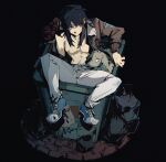  1boy black_background black_hair blue_footwear bomber_jacket bouquet brown_jacket closed_mouth commentary_request dog expressionless flower full_body highres in_trash_can itou_kaiji jacket kaiji long_hair long_sleeves looking_to_the_side male_focus nipples no_shirt open_clothes open_jacket pants red_flower red_rose rose shoes sidelocks sitting sneakers solo trash_bag trash_can wanted white_pants yi_guo_xigua_tong 