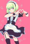  1boy :&lt; alternate_costume apron black_dress black_thighhighs black_wrist_cuffs blush colored_eyelashes cowboy_shot crossdressing dress embarrassed floating_clothes frilled_wrist_cuffs frills garter_straps green_hair heart heart_hands highres lio_fotia maid maid_headdress male_focus otoko_no_ko pink_background promare puffy_short_sleeves puffy_sleeves purple_eyes short_hair short_sleeves sidelocks solo thighhighs triangle v-shaped_eyebrows white_apron yuno_setouchi zettai_ryouiki 