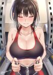  1girl artist_name bare_arms bare_shoulders black_hair black_pants black_tank_top blush breasts closed_eyes closed_mouth english_text exercise exercise_machine gym gym_pants highres holding indoors kanden_sky large_breasts midriff multicolored_clothes original pants red_pants red_tank_top short_hair steaming_body sweat sweatdrop tank_top 