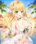  1girl :d ameto_yuki blonde_hair blush bow breasts brooch cleavage cloud collarbone commentary_request elf flower green_bow green_eyes groin hair_flower hair_ornament hands_up jewelry large_breasts long_hair looking_at_viewer navel one_side_up original outdoors panties pointy_ears see-through smile solo sunset twitter_username underwear very_long_hair water white_flower white_panties 