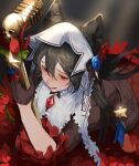  1girl absurdres black_bow black_dress black_gloves black_hair bow dress erune eyelashes from_above gloves granblue_fantasy hair_between_eyes highres holding holding_microphone_stand light_particles light_rays long_hair long_sleeves medal microphone_stand nier_(granblue_fantasy) red_eyes solo wavy_mouth white_headdress zuraa_(naunau_seijin) 