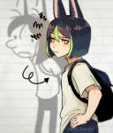  1boy actor_connection animal_ears backpack bag blue_hair cosplay dark_blue_hair dark_green_hair diary_of_a_wimpy_kid fox_ears genshin_impact greg_heffley greg_heffley_(cosplay) hand_on_own_hip highres lined_paper looking_at_viewer multicolored_eyes multicolored_hair nycnouu paper_background raised_eyebrow short_hair tighnari_(genshin_impact) voice_actor_connection 