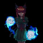  1girl adapted_costume animal_ears arms_behind_back black_background breasts cat_ears closed_mouth collarbone dress green_dress hitodama kaenbyou_rin looking_at_viewer medium_hair pixel_art potemki11 red_eyes red_hair short_sleeves simple_background skull smile solo touhou 