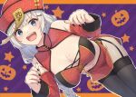  1girl alternate_costume b.c black_nails blue_eyes breasts chinese_clothes cleavage fang garter_straps halloween hands_up hat jack-o&#039;-lantern_print jiangshi kizuna_akari large_breasts long_hair midriff open_mouth side_slit solo stomach talisman thighhighs voiceroid white_hair 