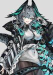  1girl a_yue absurdres aqua_eyes aqua_wings arknights between_breasts black_thighhighs breasts coat dress feathered_wings fingerless_gloves fingernails gloves hair_between_eyes head_wings highres ho&#039;olheyak_(arknights) infection_monitor_(arknights) large_breasts long_coat looking_at_viewer open_clothes open_coat open_mouth sharp_fingernails sidelocks slit_pupils snake_tail solo strap_between_breasts tail teeth thighhighs upper_body upper_teeth_only white_dress white_gloves wings 