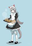  1girl alternate_costume alternate_hairstyle animal_ears apron baking_sheet black_dress black_footwear bloomers blue_background bow bowtie closed_mouth dress enmaided full_body grey_hair highres horse_ears horse_girl horse_tail juliet_sleeves long_hair long_sleeves looking_at_viewer low_ponytail maid maid_apron maid_headdress mary_janes oven_mitts pantyhose petticoat puffy_sleeves rongai_rongai shoes solo steam tail tamamo_cross_(umamusume) umamusume underwear white_pantyhose 