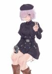  1girl belt black_capelet black_coat blush boots can capelet coat coat_dress fate/grand_order fate_(series) feet_out_of_frame hair_over_one_eye highres holding holding_can light_purple_hair looking_at_viewer mash_kyrielight mash_kyrielight_(traveling_outfit) purple_eyes redauto short_hair simple_background sitting smile solo v white_background 
