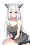  1girl absurdres ahoge amato_0321 animal_ear_fluff animal_ears bare_shoulders blush braid breasts cleavage commentary_request fox_ears fox_girl fox_tail green_eyes grey_camisole hair_between_eyes hair_down highres hololive long_hair looking_at_viewer shirakami_fubuki sidelocks simple_background single_braid sitting smile solo tail virtual_youtuber wariza white_background white_hair 