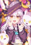  1girl :d absurdres black_sailor_collar bow candle claw_pose crescent gao ghost hat hat_bow highres kurobikari multicolored_nails navel original pink_nails purple_nails sailor_collar smile solo sparkle tearing_up white_hair witch witch_hat yellow_bow yellow_eyes yellow_nails zipper_pull_tab 