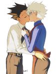  2boys absurdres apron blue_shirt brown_apron closed_eyes couple face-to-face gon_freecss green_hair highres husband_and_husband iwakki killua_zoldyck kiss male_focus malewife multiple_boys necktie shirt short_hair simple_background spiked_hair striped striped_shirt surprise_kiss surprised white_hair white_shirt yaoi 