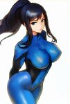  1girl black_hair blue_bodysuit blue_eyes bodysuit breasts closed_mouth commentary_request covered_navel english_commentary highres large_breasts long_hair looking_at_viewer metroid nico_robin one_piece ponytail samus_aran sidelocks simple_background solo vivian_opart white_background 