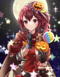 1girl anna_(fire_emblem) anna_(fire_emblem)_(cosplay) black_gloves cape cosplay finger_to_cheek fire_emblem fire_emblem_awakening fire_emblem_engage fire_emblem_heroes food-themed_hair_ornament full_moon gloves hair_ornament highres jack-o&#039;-lantern jack-o&#039;-lantern_ornament kakiko210 looking_at_viewer moon night night_sky official_alternate_costume official_art ponytail pump pumpkin_hair_ornament red_cape red_eyes red_hair sky smile sparkle star_(sky) star_(symbol) star_sticker starry_sky sticker_on_face upper_body 