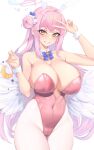  1girl blue_archive blush breasts cleavage collarbone commentary covered_navel highres huge_breasts kuavera leotard looking_at_viewer mika_(blue_archive) pink_hair pink_leotard smile solo thighs 