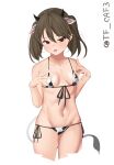  1girl alternate_costume animal_ears animal_print bikini breasts brown_hair collarbone cow_ears cow_horns cow_print cow_tail cropped_legs fake_animal_ears fake_horns fake_tail front-tie_bikini_top front-tie_top groin horns kantai_collection looking_at_viewer medium_hair micro_bikini navel one-hour_drawing_challenge open_mouth ryuujou_(kancolle) side-tie_bikini_bottom small_breasts solo swimsuit tail tf_cafe twintails twitter_username white_background 