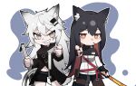  2girls absurdres animal_ear_fluff animal_ears arknights black_capelet black_gloves black_hair black_jacket black_shorts blue_background brown_hair brown_pantyhose capelet chibi commentary_request fingerless_gloves food food_in_mouth gloves grey_eyes grey_gloves grey_hair grin hair_between_eyes hair_ornament hairclip highres holding holding_sword holding_weapon jacket lappland_(arknights) long_hair looking_at_viewer mouth_hold multicolored_hair multiple_girls navel orange_eyes outline pantyhose pantyhose_under_shorts pocky pointing pointing_at_viewer scar scar_across_eye sharp_teeth short_shorts shorts smile standing sword tail teeth texas_(arknights) two-tone_background two-tone_hair v-shaped_eyebrows very_long_hair weapon white_background white_jacket white_outline yzbr 