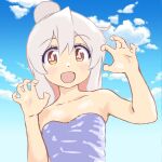  1girl :d ahoge bare_arms bare_shoulders blue_sky bright_pupils cloud colored_inner_hair day grey_hair hair_between_eyes hands_up highres long_hair looking_at_viewer mizumori_keiichi multicolored_eyes multicolored_hair onii-chan_wa_oshimai! open_mouth orange_eyes outdoors oyama_mahiro pink_hair pink_pupils red_eyes sky smile solo strapless two-tone_hair upper_body yellow_eyes 