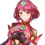  1girl :d breasts chest_jewel circlet earrings glowing grin jewelry large_breasts looking_at_viewer medium_hair pyra_(xenoblade) red_eyes red_hair samu_poteto short_sleeves simple_background smile solo swept_bangs teeth upper_body white_background xenoblade_chronicles_(series) xenoblade_chronicles_2 