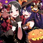  2girls 4b-enpitsu arm_warmers black_bow black_dress black_gloves black_hair black_headwear blush bow chromatic_aberration claw_pose commentary creator_connection crossover dress english_commentary fangs film_grain flower folded_ponytail gloves hair_between_eyes hair_bow hair_flower hair_ornament half_gloves halloween halloween_costume hat hat_bow highres hoshino_ai_(oshi_no_ko) hug hug_from_behind jack-o&#039;-lantern kaguya-sama_wa_kokurasetai_~tensai-tachi_no_renai_zunousen~ long_hair looking_at_viewer multicolored_hair multiple_girls one_side_up open_mouth orange_bow oshi_no_ko parted_bangs purple_eyes purple_hair red_eyes red_shirt shinomiya_kaguya shirt sidelocks sleeveless sleeveless_dress star-shaped_pupils star_(symbol) streaked_hair symbol-shaped_pupils teeth upper_body upper_teeth_only witch_hat 