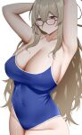  1girl absurdres akane_(blue_archive) arind_yudha armpits arms_behind_head arms_up bare_shoulders blue_archive blue_one-piece_swimsuit blush breasts brown_eyes collarbone covered_navel glasses hair_between_eyes halo highres large_breasts light_brown_hair long_hair looking_at_viewer one-piece_swimsuit solo swimsuit 