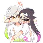  2girls bangs black_hair blush callie_(splatoon) closed_eyes closed_mouth collarbone commentary_request cousins cropped_torso cross-shaped_pupils fangs gradient_hair green_hair grey_hair haitun_youyou heart hug long_hair looking_at_another marie_(splatoon) mole mole_under_eye multicolored_hair multiple_girls open_mouth parted_bangs pink_hair pointy_ears shirt short_eyebrows short_sleeves sidelocks simple_background smile speech_bubble splatoon_(series) splatoon_2 spoken_heart swept_bangs symbol-shaped_pupils t-shirt teeth tentacle_hair thick_eyebrows tongue upper_body v-shaped_eyebrows white_background white_shirt yellow_eyes 