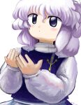  1girl cupping_hands dot_mouth hands_up highres lapel_pin letty_whiterock light_blush light_purple_hair long_sleeves looking_at_viewer medium_hair own_hands_together purple_eyes purple_hair purple_vest shirt simple_background solo touhou upper_body vest white_background white_shirt yakumora_n zun_(style) 