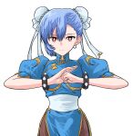  :| adapted_costume asymmetrical_bangs ayanami_rei blue_hair blue_ribbon blue_sash bracelet breasts bright_pupils brown_pantyhose bun_cover china_dress chinese_clothes chun-li chun-li_(cosplay) closed_mouth commentary cosplay double_bun dress earrings expressionless fighting_stance frog_button hair_bun hair_ribbon highres jewelry mandarin_collar medium_breasts neon_genesis_evangelion own_hands_together pantyhose pelvic_curtain pink_dress pink_ribbon pink_sash puffy_short_sleeves puffy_sleeves red_eyes ribbon sash sasihmi short_hair short_sleeves side_slit simple_background spiked_bracelet spikes standing street_fighter toggles white_background white_pupils 