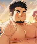  1boy bara belly blush cloud cloudy_sky crave_saga daisukebear facial_hair goatee highres large_pectorals male_focus mature_male muscular muscular_male nipples nude orange_sky original paid_reward_available pectorals plump protagonist_(crave_saga) raised_fists short_hair shoulder_tattoo sky smile solo tattoo upper_body v-shaped_eyebrows 