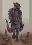  2023 anthro armor assault_rifle backpack clothed clothing digitigrade_footwear dragon fatigues footwear gloves glowing glowing_eyes gun handwear headgear helmet hi_res hood_up hungrydazzle male post-apocalyptic ranged_weapon rifle shell_(projectile) shotgun_shell simple_background solo standing toeless_footwear weapon 