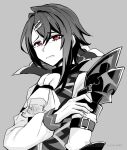  1boy alcryst_(fire_emblem) armor ascot asymmetrical_hair closed_mouth fire_emblem fire_emblem_engage furrowed_brow greyscale hair_between_eyes hair_ornament hairclip high_collar long_sleeves looking_at_viewer male_focus monochrome red_eyes short_hair shoulder_armor yukia_(firstaid0) 