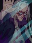  &gt;:) 1girl absurdres black_eyes dr._kureha eyewear_on_head eyewear_removed glasses grin hand_up highres jacket just_noi long_hair old old_woman one_piece smile solo sunglasses teeth v-shaped_eyebrows white_hair 