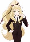  1girl black_necktie black_ribbon black_suit blonde_hair celine_(fire_emblem) collared_shirt fire_emblem fire_emblem_engage green_eyes hair_ribbon hand_on_own_hip high_ponytail highres kino40346033 long_hair long_sleeves looking_at_viewer necktie official_alternate_costume ponytail ribbon shirt smile solo suit very_long_hair white_background white_shirt 
