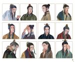  1boy black_hair blue_eyes border bun_cover chinese_clothes cloak closed_mouth cup eishou_(juuni_kokuki) frown fur-trimmed_cloak fur_trim hair_bun hair_down hair_pulled_back hand_on_own_chin hand_on_own_forehead hand_up hanfu holding holding_cup juuni_kokuki long_sleeves looking_at_viewer male_focus multiple_views open_mouth outside_border profile purple_eyes saiga_tokihito sidelocks sideways_glance simple_background single_hair_bun smile smug straight-on stroking_own_chin thinking updo upper_body white_background wide_sleeves xiao_guan_(headdress) 