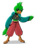  ambiguous_gender anthro avian beak bird clothing crop_top green_body hi_res jacket lostwisdom shirt solo topwear 