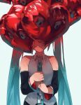  1girl alternate_hair_color balloon black_sleeves blue_hair blue_necktie closed_mouth collared_shirt commentary covered_eyes detached_sleeves disembodied_eye english_commentary facing_viewer grey_shirt hatsune_miku heart_balloon highres holding holding_balloon multicolored_hair necktie number_tattoo red_hair shirt shoulder_tattoo sleeveless sleeveless_shirt smile solo tattoo twintails two-handed two-tone_hair upper_body vocaloid white_background x_oo39 