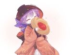  1girl biyon black_headwear bowl bowl_hat closed_eyes commentary cookie eating food food_on_face hat holding holding_food japanese_clothes kimono long_sleeves obi purple_hair red_kimono sash short_hair solo sparkle sukuna_shinmyoumaru thumbprint_cookie touhou twitter_username upper_body wide_sleeves 