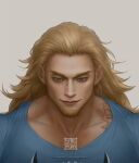  1boy artist_name blonde_hair blue_shirt closed_mouth commentary english_commentary facial_hair goatee grey_background instagram_username killer_(one_piece) long_hair looking_down male_focus one_piece scar sephirona shirt simple_background smile solo tumblr_username web_address 